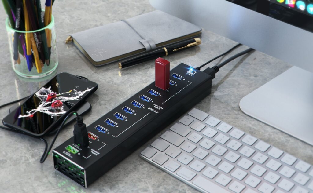 USB Hub Powered, 13 Multi-Port USB Hub with 10 USB 3.0 Ports, 2 IQ Quick Charge 3.0 Ports, and Port with up to 2,4A